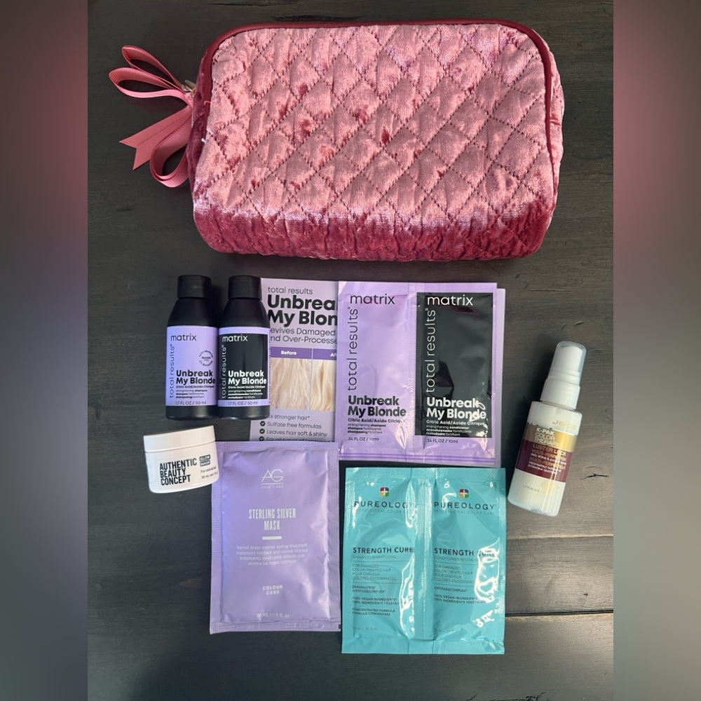 Pink Quilted Cosmetic Bag with 7 Sample Hair Care Products